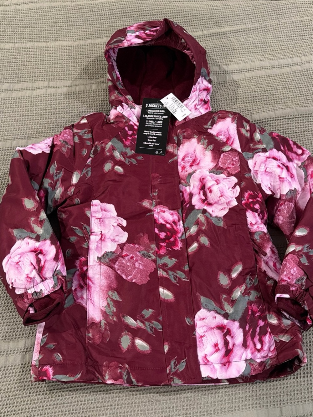 Kids' Floral Hooded Winter Jacket - Burgundy Pink